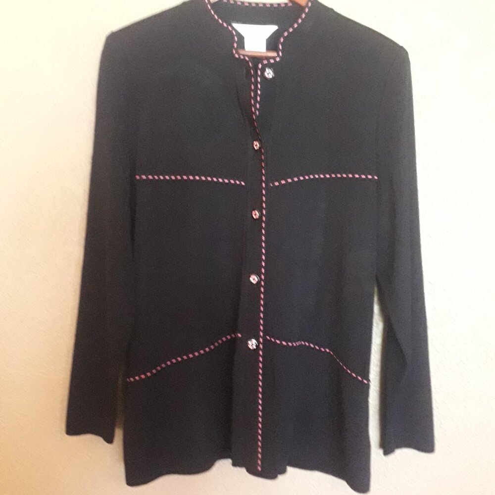 Misook Black Buttoned Jacket with Pink Trim Medium